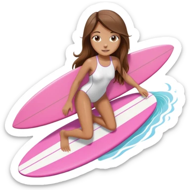 Girl with long brown hair surfing at pink short board in the white swimsuit  sticker
