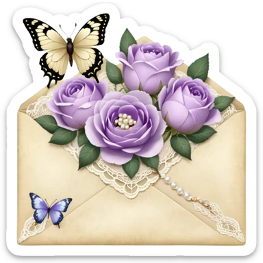 A delicate still life of an aged love letter sealed with golden wax, placed on a vintage lace doily, accompanied by a bouquet of pale purle roses and white peonies, with a shimmering pearl butterfly resting on the envelope. sticker