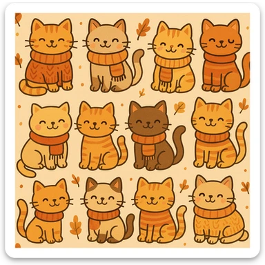 cute cats in scarves and sweaters, seamless pattern, autumn colors, warm and cozy vibe, playful cartoon style sticker