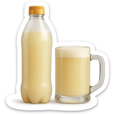 white kvass, bottle or mug, fresh, appetizing, transparent background, modern style sticker