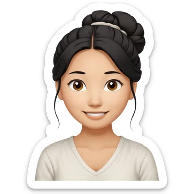 medium tan asian woman with long black hair tied 1 messt bun on top of head,  round brown eyes, white v neck blouse. shes smiling and friendly. sticker
