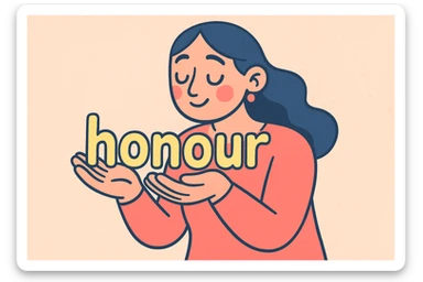 a woman gently cradling the word 'honour' in her hands, soft pastel cartoon style sticker