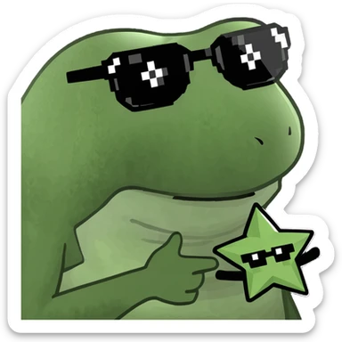 bufo with triangle shaped 8 bit sunglasses full black, confident smile, with a mini black star in his hand sticker