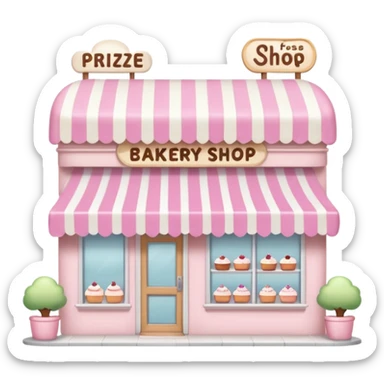 pastel pink bakery with a striped awning, cakes in the window, and a sign above that says 'Prize Shop', soft and friendly, emoji style sticker