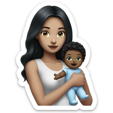 white Girl with black hair and blue eyes playing with baby doll sticker