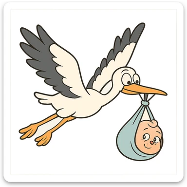 stork carrying a baby in a bundle in flat toon style sticker