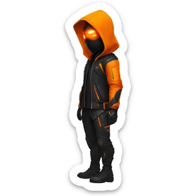 Side view developer behind his laptop with this style : crysis Cyberpunk Valorant orange glowing bright orange character orange black hooded assassin themed character sticker