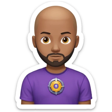 um jovem negro, careca, com barba, com um olhar confiante e olhando para frente, usando uma camisa roxa mostrando o seu beyblade. sticker