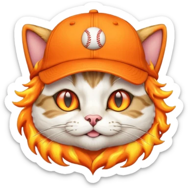 Cat with the flames in his eyes with a orange baseball hat on his head sticker