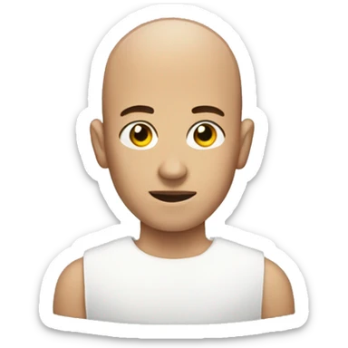 man with shaved head on a small bu sticker