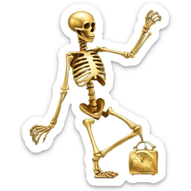 A skeleton made out of gold with a rabbit with a watch on  sticker