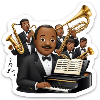 Icon for Jazz Music: Count Basie Orchestra, with Count Basie at the piano surrounded by jazz musicians playing instruments like saxophones, trumpets, and drums. Floating musical notes should capture the energetic and smooth vibe of big band jazz. Transparent background. sticker
