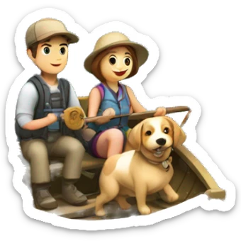 A couple boy and girl fishing together in a boat with a dog sticker