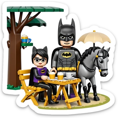  Ultra cute  Lego detailed 1854 Batman and pretty Catwoman dream horse drawn Caravan with picnic table and folding chairs alone at romantic afternoon (hot chocolate and cheeseburgers on the grill) sticker