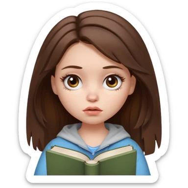 generate a pretty bratz girl with dark circles and a book in hand, looking tired. Messed up hair  sticker