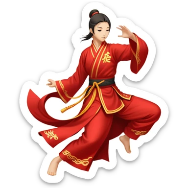 Emblem symbolizing Wushu martial arts. A graceful martial artist performs a dynamic kung fu pose, with flowing movements and a long, elegant robe. The background features stylized clouds and traditional Chinese symbols, representing fluidity, balance, and precision. Transparent background. sticker