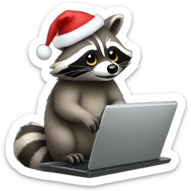Raccoon typing on a laptop with christmas hat sticker