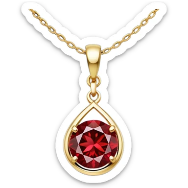 A polished round red garnet pendant suspended from a delicate gold chain, like a drop of enchanted starlight, glowing with the warmth of passion and the quiet power of transformation sticker