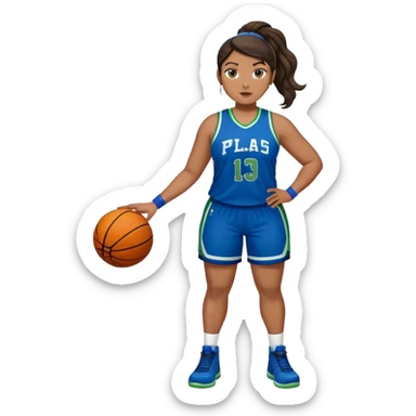 full body plus size  latino women basketball player with wavy dark hair in pony tail wide nose wearing blue uniform with green accent sticker