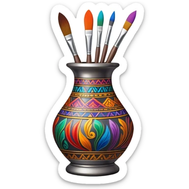 Metal painting icon, fine paintbrush painting a detailed metal statuette or vase with bright, vivid colors, visible strokes and intricate patterns, no finished artwork, just the painting process, minimalistic style, clean lines, transparent background. sticker