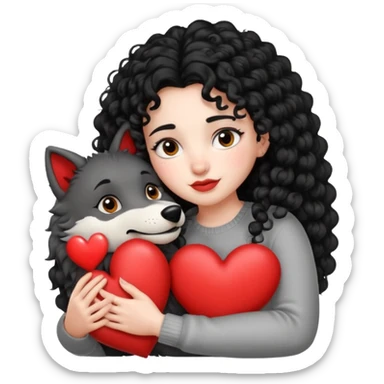 Black curly hair white skin girl hugging one big wolf with hearts above them sticker