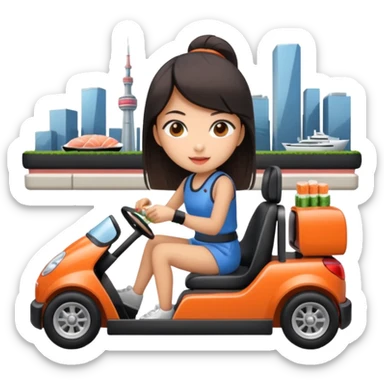 Asian girl driving a gokart and eating sushi in a city sticker