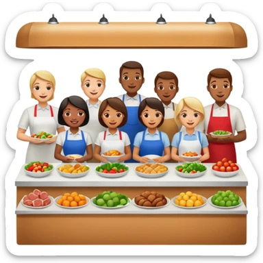 cantine d'entreprise with buffet and employees, friendly ambiance sticker