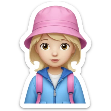 A little girl student white skin, blonde hair, with pink bucket hat, white jacket, blue backpack sticker