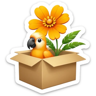 bitte ein bild von einem eistee mit papageiblumengeschmack aber mit so einer box und draußen eine papageiblume sticker