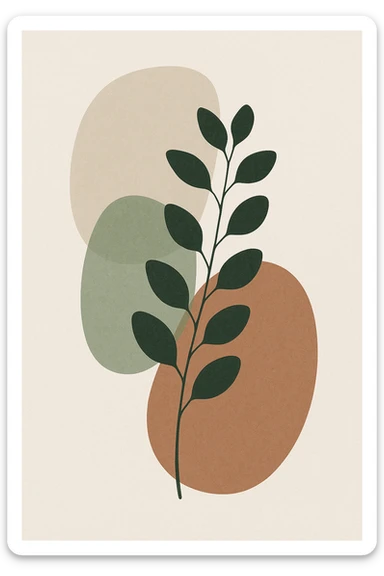 abstract botanical wall art, minimalist scandinavian style, large rounded organic shapes, eucalyptus branch silhouette, neutral earth tones (beige, sage, terracotta), subtle paper texture, modern interior decor, full bleed composition --v 6 --ar 3:4 --q 2 --style 4a sticker