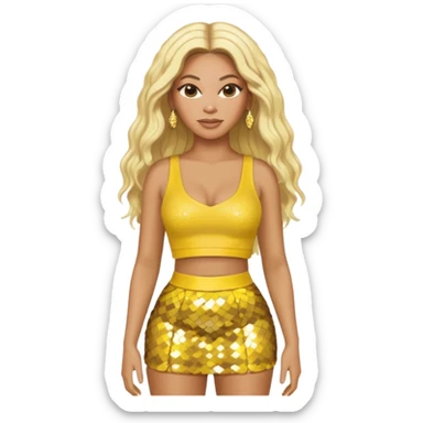 Beyonce with long platinum blonde hair, yellow sequin crop top and skirt sticker