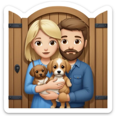 Blond girl with brown haired bearded man holding puppy with a door behind them sticker