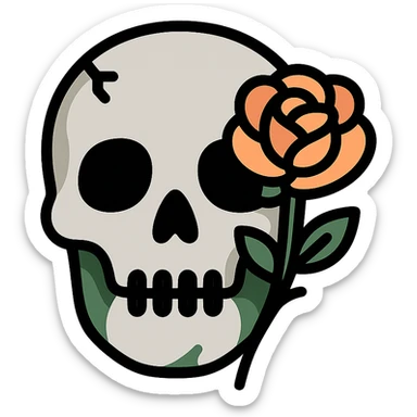A light grey, slightly eerie skull with soft, rounded features and a haunting aura. One of its hollow eye sockets holds a delicate rose, its petals in shades of peach (FFCC9A) and soft orange (FA9B41), contrasting beautifully against the grey skull. The skull’s surface is textured with subtle hints of muted taupe brown (96775A) and deep forest green (4A7C5C), giving it a weathered, mystical look. The background is dark and atmospheric, with soft lighting highlighting the contrast between the cold, light grey of the skull and the warmth of the rose. The scene feels both macabre and elegant, with a touch of gothic beauty sticker