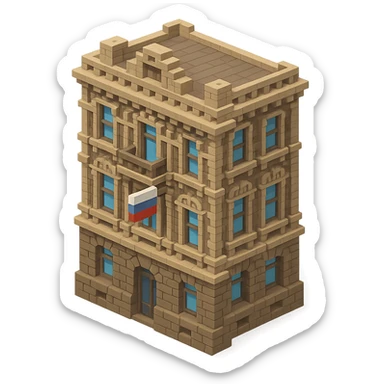 voxel style old Saint Petersburg building, gray-brown tones, ornate facade, Russian flag hanging from one window or balcony, isometric view sticker