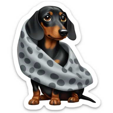 A black and grey Spotted dachshund with a blanker over his Head  sticker