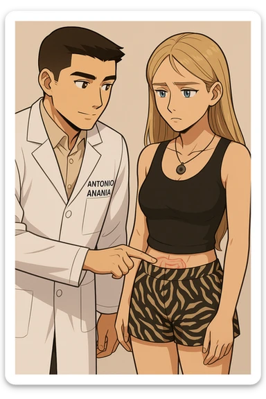 fai un webtoon/manga a colori con questo kinesiologo in camice bianco (fagli la scritta "ANTONIO ANANIA" SUL CAMICE) CHE PARLA CON QUESTA RAGAZZA CON GLI OCCHI AZZURRI. IL KINESIOLOGO CON IL CAMICE BIANCO LE TOCCA LA PANCIA CON UN DITO DOVE C'è L'INTESTINO. NON FARE I FUMETTI, FAI SOLO LORO COME SE DIALOGASSERO sticker