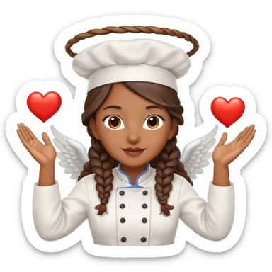 Brown-skinned female chef with long braided brown hair, wearing a chef's hat, with both an angel halo and devil horns, making a heart shape with her hands sticker