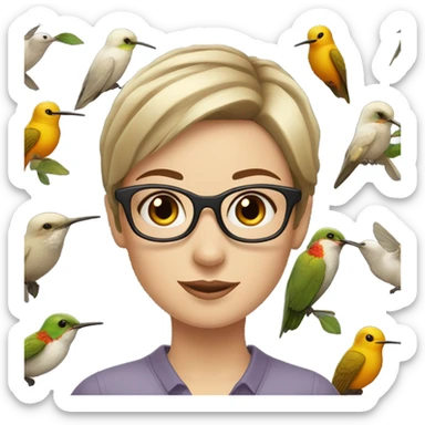 White girl  , brunette, with short hair, wearing glasses with a hummingbird next to her sticker