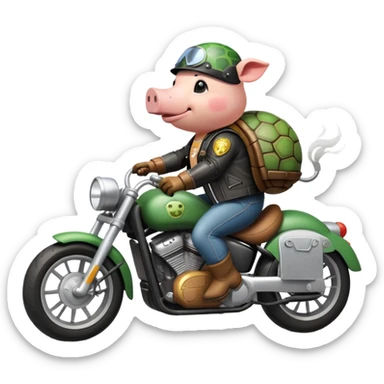 A buff pig with cow spots and a turtle shell riding a farting motorcycle sticker