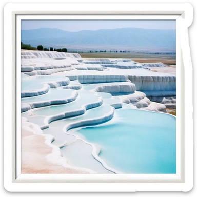 Cinematic Realistic Pamukkale Landmark Emoji, showcasing surreal cascading terraces of thermal waters rendered with ethereal textures and soft, luminous lighting. sticker