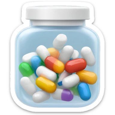 Small translucent plastic container with pills inside sticker