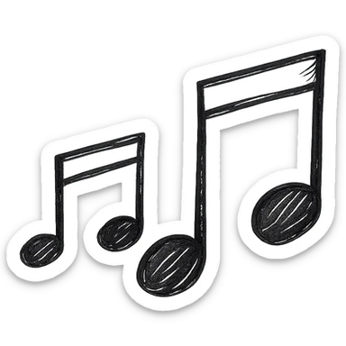 Musical notes icon, hand drawn, black outlines, no fill, simple and clean, angled view sticker