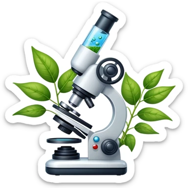 An icon featuring a microscope, a DNA strand, and plant leaves, symbolizing biology. The design includes cells, a test tube with a plant sample, representing life sciences, ecosystems, and the study of organisms. Transparent background highlights the exploration of living systems. sticker