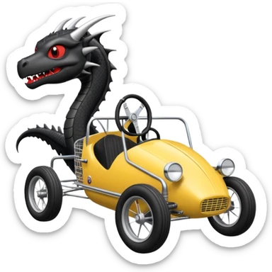 Special air-cooled three-cylinder race car whose frame and suspension is made of shopping cart material with a large gas tank, and rear spoiler, is being professionally steered/driven by a small black dragon  sticker