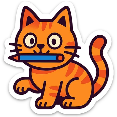 a cartoon cat with a pen in its mouth, simple style, vibrant toon style sticker