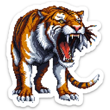 saber-toothed tiger with enormously long fangs, exaggerated canine teeth almost reaching the ground sticker