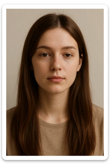 portrait of a girl with long straight brown hair, simple and natural style sticker