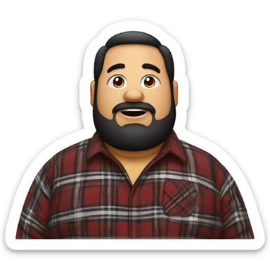 Fat man wearing a darkred and black plaid flannel shirt profile picture, happy, black hair sticker