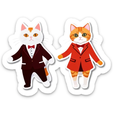 Orange male cat in suits near white female cat in red night dress sticker