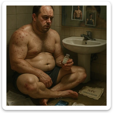 A 35-year-old bodybuilder sits shirtless on a bathroom floor, clutching an empty vial labeled "Test E 250mg". His physique shows the paradox of PED abuse: bloated stomach (high estrogen), but zero exceptional muscle gains.  

Hyper-detailed elements:  
- **Needle marks** (track lines) on glutes with fresh bruising  
- **Acne clusters** on shoulders (CYP-induced)  
- **Lab papers** showing crashed LH/FSH (HPTA suppression)  
- **Phone screen** glowing with forum posts: "No risultati in 8 weeks"  

The mirror reflects his exhausted face (dark circles, receding hairline) contrasting with gym selfies on the wall showing his younger natural self. A torn "NPC Competitor" certificate floats in dirty water.  sticker